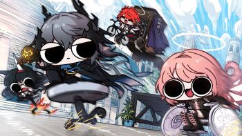 1boy 3girls adoptive_siblings animal_ears arknights bicycle black_gloves black_hair black_jacket blaze_(arknights) blue_sky boots cat_ears cat_girl closed_eyes closed_mouth cloud cloudy_sky cropped_jacket day demon_boy detached_wings energy_wings exusiai_(arknights) exusiai_the_new_covenant_(arknights) fingerless_gloves fire flying gloves grey_hair hair_between_eyes hairband halo head_wings horns jacket lace-up_boots lemuen_(arknights) logos_(arknights) long_hair long_sleeves looking_at_another miyan_(oceanmaiden) multiple_girls open_mouth outdoors pink_hair pointy_ears racing red_hair red_hairband riding riding_bicycle shirt sitting sky smile sparks thigh_boots traditional_halo wheelchair white_halo white_shirt wings wings_over_eyes