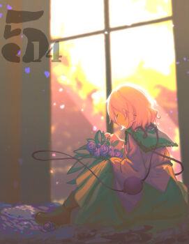1girl black_boots blue_flower blue_rose boots bouquet closed_eyes flower furahata_gen green_hair green_shawl green_skirt highres holding holding_bouquet koishi_day komeiji_koishi leaf light_rays no_mouth rose shawl shirt sitting skirt solo third_eye touhou window yellow_shirt