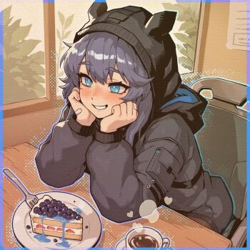 1girl animal_hood arknights black_jacket blue_eyes blue_hair blush caffichai cake cake_slice coffee coffee_mug cup elbow_rest food fork glaucus_(arknights) hand_on_own_face highres hood jacket mug plate sitting smile solo table wheelchair window