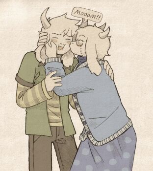 1boy 1girl animal_ears arm_around_shoulder asriel_dreemurr blue_cardigan blue_skirt blush_stickers brown_pants canvas_(medium) cardigan closed_eyes colored_pencil_(medium) commentary cowboy_shot deltarune english_commentary family_bonding furry furry_female furry_male glasses goat_boy goat_ears goat_girl goat_horns graphite_(medium) green_jacket hand_on_another's_cheek hand_on_another's_face highres horns jacket kiss kissing_cheek mother_and_son pants polka_dot polka_dot_skirt puffy_cheeks shirt skirt speech_bubble striped_clothes striped_shirt szivarvanyturmix02 toriel traditional_media utdr_(toby_fox) white_fur