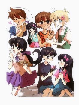 Rule 34 | 2girls, 4boys, aged down, alternate costume, antenna hair, aubrey (faraway) (omori), aubrey (omori), basil (faraway) (omori), basil (omori), black eyes, black hair, black shirt, blonde hair, blue eyes, blue overalls, blue shirt, blue shorts, blush, bow, bright pupils, brother and sister, brothers, brown hair, cheek pull, chocolate chip cookie, closed eyes, closed mouth, collared shirt, commentary, cookie, dark-skinned male, dark skin, double-parted bangs, flower, flying sweatdrops, food, green overalls, hair between eyes, hair bow, hair flower, hair ornament, hashtag-only commentary, heart, hero (faraway) (omori), hero (omori), highres, holding, holding flower, kel (faraway) (omori), kel (omori), looking at another, low ponytail, mari (faraway) (omori), mari (omori), mugi062, multiple boys, multiple girls, omori, orange tank top, overall skirt, overalls, parted lips, pink bow, pink shirt, pink skirt, pleated skirt, ponytail, pout, purple bow, purple skirt, shirt, short hair, shorts, siblings, sidelocks, simple background, sitting, skirt, smile, speech bubble, sunny (omori), sweat, t-shirt, tank top, white background, white pupils, white shirt