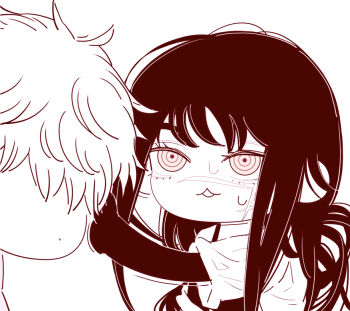 1boy 1girl chainsaw_man chibi chibi_only deer60868637 denji_(chainsaw_man) elbow_gloves facial_scar gloves jacket long_hair monochrome ringed_eyes scar scar_on_cheek scar_on_face scar_on_nose short_hair sweat