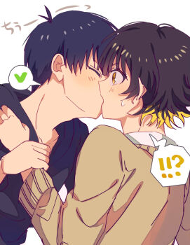 !? 2boys bachira_meguru black_hair blonde_hair blue_hair blue_lock blush closed_eyes commentary_request french_kiss from_side heart highres holding_another&#039;s_wrist isagi_yoichi kiss male_focus mma_runn multicolored_hair multiple_boys short_hair simple_background spoken_heart streaked_hair surprise_kiss surprised two-tone_hair upper_body white_background yaoi yellow_eyes