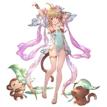 1girl alpha_transparency andira_(granblue_fantasy) andira_(summer)_(granblue_fantasy) animal_ears armpits arms_up bare_shoulders blonde_hair blush breasts collarbone detached_sleeves double_bun erune flower full_body granblue_fantasy hair_bun hair_flower hair_ornament jewelry minaba_hideo monkey monkey_ears monkey_tail official_art one-piece_swimsuit open_mouth red_eyes sandals short_hair small_breasts swimsuit tail thighlet transparent_background two_side_up