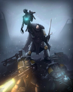 5boys a_song_of_ice_and_fire adeptus_astartes armor bad_artstation_id bad_id black_eyes black_hair chillstrand claw_(weapon) crossover dagger facial_hair fire flamer full_body game_of_thrones goatee grey_sky gun hammer helmet highres holding holding_dagger holding_gun holding_hammer holding_knife holding_weapon jon_snow knife multiple_boys necron no_headwear outdoors pauldrons science_fiction shoulder_armor sky snow space_wolves standing warhammer_40k weapon winter