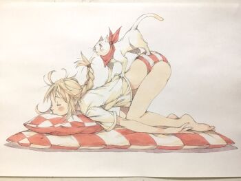 1girl animal animal_on_back ass bandana bandana_around_neck bare_legs barefoot blonde_hair braid cat checkered_pillow closed_eyes closed_mouth clothed_animal commentary from_side full_body highres long_hair messy_hair original panties peter_salt pillow red_bandana red_panties shirt single_braid sleeping solo striped_clothes striped_panties top-down_bottom-up traditional_media underwear white_background white_cat white_shirt