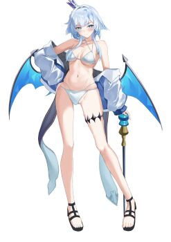 1girl bikini blue_eyes blue_hair blue_wings breasts cerydra_(honkai:_star_rail) commentary crown higashiwun_izumi highres holding holding_scepter honkai:_star_rail honkai_(series) jacket long_hair looking_at_viewer medium_breasts mini_crown navel sandals scepter simple_background solo stomach swimsuit symbol-only_commentary thigh_strap toes white_background white_bikini white_jacket wings