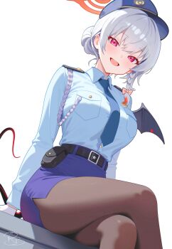 1girl absurdres alternate_costume black_pantyhose black_tail blue_archive blue_necktie blue_shirt braid commentary crossed_legs hair_bun halo haruna_(blue_archive) hat highres looking_at_viewer necktie pantyhose pencil_skirt police police_badge police_hat police_uniform policewoman red_halo royalbunny003 shirt shirt_tucked_in side_braid single_wing sitting skirt smile solo untranslatable_commentary white_hair wings