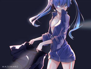 1girl black_background blue_eyes blue_hair blue_outerwear bottomless covered_mouth dark_background enomoto_takane female_focus headphones holding holding_unworn_clothes jacket kagerou_project long_hair long_sleeves mazumaro no_bra pleated_skirt skirt solo standing track_jacket twintails undressing unzipped zipper