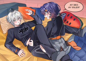 1boy 1girl belle_(zenless_zone_zero) blue_hair blue_shirt blue_sweater blush denim ear_blush earrings english_text feet felichiii grabbing_another&#039;s_thighs grey_hair grey_skirt hair_ornament hetero highres imminent_fellatio incest jeans jewelry letter_hair_ornament loading_icon long_sleeves looking_at_another lying on_back on_bed open_mouth pants pillow print_shirt shirt sitting skirt socks speech_bubble sweatdrop sweater twitter_username wariza wise_(zenless_zone_zero) zenless_zone_zero