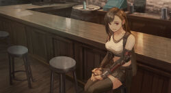 Rule 34 | 1girl, bar (place), bare shoulders, black gloves, black hair, black thighhighs, breasts, brown hair, collarbone, counter, crop top, cup, earrings, elbow gloves, feet out of frame, final fantasy, final fantasy vii, final fantasy vii remake, fingerless gloves, gloves, hair behind ear, hashtag-only commentary, highres, holding, holding cup, indoors, jewelry, large breasts, long hair, looking at viewer, midriff, nukakarubepu, open mouth, red eyes, scenery, single arm guard, single earring, sitting, smile, solo, swept bangs, tank top, thighhighs, tifa lockhart, white tank top