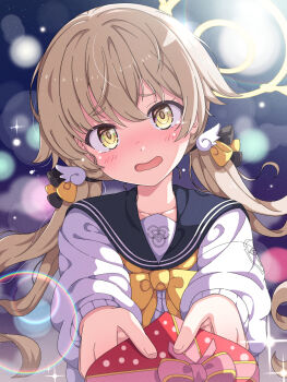 Rule 34 | 1girl, black sailor collar, blonde hair, blue archive, blush, bow, box, commentary request, embarrassed, halo, heart-shaped box, hifumi (blue archive), highres, holding, holding box, jacket, long hair, looking at viewer, low twintails, mikoshi (user wvyd4348), open mouth, sailor collar, solo, twintails, white jacket, yellow bow, yellow eyes, yellow halo