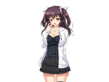 1girl aomi_riru black_camisole black_hair black_skirt black_thighhighs blush breasts camisole cleavage collarbone cowboy_shot game_asset hair_between_eyes hair_ribbon half-closed_eyes hand_on_own_face hand_up hood hooded_jacket jacket jewelry kogure_miori large_breasts large_variant_set layered_clothes long_hair miniskirt necklace non-web_source official_art open_clothes open_jacket open_mouth raised_inner_eyebrows ribbon self-datamine sidelocks simple_background skirt solo standing tachi-e tearing_up tears thighhighs transparent_background two_side_up variant_set white_jacket white_ribbon yellow_eyes yumemi_ga_cheek! zettai_ryouiki