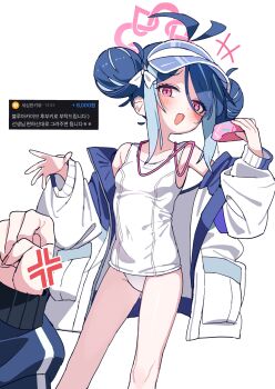 1girl 1other absurdres antenna_hair bare_legs blue_archive blue_hair blush commission fubuki_(blue_archive) fubuki_(swimsuit)_(blue_archive) halo highres jacket je_o_mo leotard one-piece_swimsuit pink_halo simple_background swimsuit twitter white_background white_jacket white_leotard