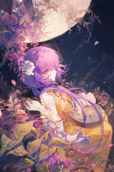1girl bad_source dress flower from_side hair_flower hair_ornament highres looking_at_viewer maccha_(mochancc) moon night night_sky petals purple_eyes purple_hair sheet_music sky solo touhou yellow_dress