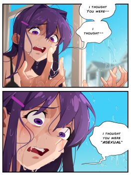 Rule 34 | 1girl, 2koma, absurdres, after cunnilingus, black bra, blurry, blurry background, border, bra, close-up, comic, doki doki literature club, english text, highres, invincible (series), khyle., parody, parody request, purple eyes, purple hair, regret (emotion), scene reference, solo, speech bubble, underwear, wet, white border, yuri (doki doki literature club)