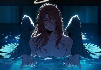 1boy absurdres angel_devil_(chainsaw_man) angel_wings bikoyaki chainsaw_man collarbone halo highres i&#039;ll_teach_you_everything_(chainsaw_man) long_hair looking_at_viewer male_focus nude parted_lips partially_submerged pool red_eyes scene_reference skinny_dipping solo teeth upper_body wet wet_hair white_wings wings