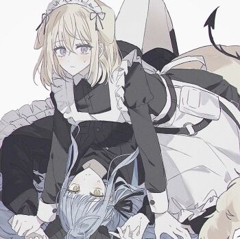2girls animal_ears arknights bang_dream! bang_dream!_it&#039;s_mygo!!!!! black_dress black_shorts blonde_hair blue_hair dog_ears dog_girl dog_tail dress hair_ribbon highres horns long_hair long_sleeves maid maid_headdress medium_hair misumi_uika misumi_uika_(caged_singer) misumi_uika_(perro) multiple_girls purple_eyes ribbon shorts sidelocks simple_background tail togawa_sakiko togawa_sakiko_(master_of_melodia) uis410 white_background yukadon yuri