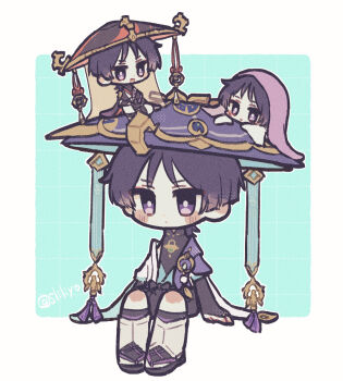 3boys armor black_bow black_bridal_gauntlets black_hair black_hat black_kimono black_sandals black_shorts black_sleeves blue_background blue_gemstone blue_kimono blunt_ends blush_stickers border bow bridal_gauntlets bright_pupils closed_mouth eyeliner eyeshadow feathers furisode gem genshin_impact gold grid_background hat highres hoshizuki_chimama japanese_armor japanese_clothes jingasa juban kimono kote kurokote leg_warmers long_sleeves looking_at_another looking_at_viewer makeup multiple_boys multiple_persona on_head open_clothes open_kimono open_mouth person_on_head pom_pom_(clothes) purple_eyes purple_veil red_eyeliner red_eyeshadow red_hat red_kimono sandals scaramouche_(genshin_impact) scaramouche_(kabukimono)_(genshin_impact) short_sleeves shorts shoulder_peek sitting sleeves_past_fingers sleeves_past_wrists smile toeless_legwear two-tone_hat veil vision_(genshin_impact) wanderer_(genshin_impact) white_border white_kimono white_leg_warmers white_pupils white_sleeves wide_sleeves wispy_bangs yellow_feathers zouri