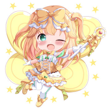 ;d aqua_eyes blonde_hair blush bow butterfly_wings chibi commentary_request commission dress fujisawa_yuzu gloves hair_bow highres holding holding_wand insect_wings magical_girl one_eye_closed ongeki open_mouth pixiv_commission rilu_rilu_fairilu simple_background smile star_(symbol) thighhighs wand white_background white_gloves white_thighhighs wings xenon_(for_achieve) yellow_bow yellow_dress
