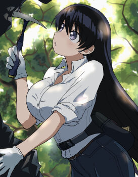 1girl :o absurdres arato_nagi black_eyes black_hair blurry blurry_background breasts buttons day forest gloves hammer highres holding holding_hammer large_breasts long_hair nature open_mouth outdoors pants rock ruri_no_houseki shirt sleeveless solo standing tree white_gloves white_shirt xiaomei92835