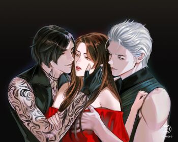 Rule 34 | 1girl, 2boys, absurdres, arm tattoo, artist logo, artist name, bare shoulders, black background, black gloves, black hair, black vest, blue eyes, blue vest, brown hair, devil may cry (series), devil may cry 5, dress, dual persona, fingerless gloves, gloves, hand on another's arm, hand on another's chest, hand on another's face, henoopd, highres, jewelry, lady in red (devil may cry), lips, logo, long hair, looking at another, looking to the side, multiple boys, neck tattoo, necklace, nose, orange eyes, parted lips, pink nails, red dress, red lips, short hair, shoulder tattoo, smile, tattoo, toned, toned male, tooth necklace, upper body, v (devil may cry), variant set, vergil (devil may cry), vest, white hair