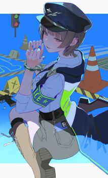 1girl absurdres belt boots breasts brown_hair cape cellphone cuffed cuffs handcuffs hat highres knee_boots kneeling looking_at_viewer medium_breasts myabit nail_polish original phone police police_hat police_uniform policewoman saliva short_hair smartphone solo traffic_cone