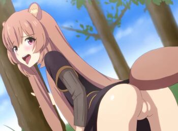 1girl against_tree akinoya animal_ear_fluff animal_ears animated ass belt bent_over black_belt black_dress blue_sky blush bouncing_ass brown_hair censored cloud cloudy_sky day dress hair_between_eyes heavy_breathing highres loli long_hair long_sleeves looking_at_viewer mosaic_censoring no_panties open_mouth outdoors pink_eyes pussy raccoon_ears raccoon_girl raccoon_tail raphtalia ribbed_shirt ribbed_sleeves shirt sidelocks sky solo tagme tail tail_wagging tate_no_yuusha_no_nariagari teeth tongue tongue_out tree upper_teeth_only very_long_hair video