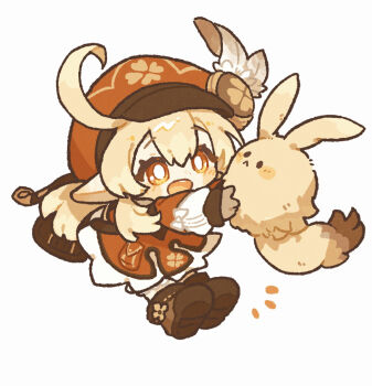 1girl :d ahoge blonde_hair blush_stickers boots bright_pupils brown_boots chibi chibi_only commentary_request dodoco_(genshin_impact) dress full_body genshin_impact harukui hat klee_(genshin_impact) long_hair long_sleeves open_mouth pointy_ears red_dress red_eyes red_hat simple_background smile solo standing white_background white_pupils