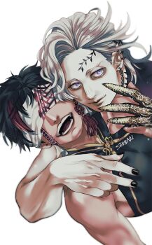 2boys arm_around_shoulder arm_over_shoulder armor bare_shoulders black_hair black_nails blindfold centipede_tattoo cheek_tattoo chinese_clothes choker closed_mouth ear_piercing earrings facial_tattoo forehead_tattoo gold_armor gold_trim hades_(shuumatsu_no_valkyrie) hand_up jacket jewelry leaf_tattoo looking_at_viewer male_focus multicolored_hair multiple_boys multiple_earrings nail_armor nail_polish open_mouth piercing pointy_ears purple_eyes purple_shirt qin_shi_huang_(shuumatsu_no_valkyrie) red_hair red_tassel robe shirt short_hair shuumatsu_no_valkyrie single_earring sleeveless sleeveless_shirt smile spiked_choker spikes tassel tassel_earrings tattoo two-tone_hair white_hair yaoi