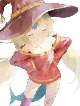 1girl alternate_costume bandaged_leg bandages black_hat black_thighhighs blonde_hair blue_hair blue_streaks blunt_bangs closed_eyes commentary cosplay deeno dress english_commentary fins fish_tail hands_on_own_hips hat highres hololive hololive_english kono_subarashii_sekai_ni_shukufuku_wo! long_hair megumin megumin_(cosplay) multicolored_hair off-shoulder_dress off_shoulder red_dress sameko_saba short_dress simple_background single_thighhigh solo streaked_hair tail thighhighs very_long_hair virtual_youtuber white_background witch_hat