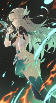 1girl aqua_thighhighs ass black_background black_hairband black_jacket breasts closed_mouth commentary_request convenient_censoring firefly_(honkai:_star_rail) from_side gradient_background grey_hair hairband henshin_pose highres honkai:_star_rail honkai_(series) jacket keikei_(kitty_colors) long_hair looking_ahead medium_breasts outstretched_arm solo tearing_clothes thighhighs torn_clothes