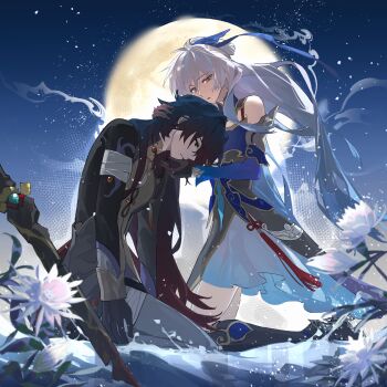 1boy 1girl absurdres bandaged_leg bandages bare_shoulders black_boots black_gloves black_hair blade_(honkai:_star_rail) blue_dress blue_ribbon blurry boots china_dress chinese_clothes closed_mouth couple depth_of_field detached_sleeves dress dying empty_eyes flower from_side full_moon gloves gradient_hair grey_hair grey_pants hair_between_eyes hair_flowing_over hair_ribbon hands_on_another&#039;s_head head_on_chest highres honkai:_star_rail honkai_(series) jingliu_(honkai:_star_rail) kneeling leaning_forward leaning_on_person leaning_to_the_side long_sleeves looking_down moon multicolored_hair night night_sky open_mouth outdoors pants parted_bangs red_eyes ribbon sad seiza shade sitting sky smoke smoke_trail star_(sky) starry_sky water wavy_hair weapon worried yanhuitangqian