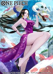 Rule 34 | 1girl, animal, black hair, boa hancock, cloud, copyright name, dress, earrings, ekusiun, eyelashes, floating hair, forked tongue, hand on own hip, high heels, jewelry, leg up, long dress, looking at viewer, official art, one piece, purple dress, salome (one piece), side slit, skull, sky, sleeveless, sleeveless dress, snake, snake earrings, tongue