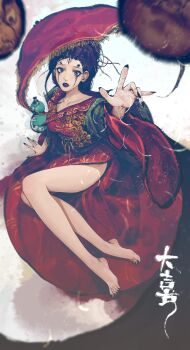 Rule 34 | 1girl, absurdres, barefoot, black hair, black lips, black myth: wukong, black nails, facial mark, forehead mark, fourth sister (black myth: wukong), full body, grey eyes, highres, makeup, mumuy, nail polish, runny makeup, solo, toenail polish, toenails