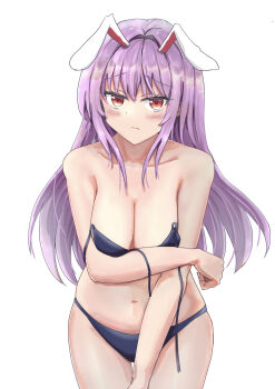 Rule 34 | 1girl, :/, animal ears, bikini, black bikini, breasts, cleavage, collarbone, commentary, covering breasts, covering privates, frown, highres, long hair, looking at viewer, navel, purple hair, rabbit ears, rabbit girl, red eyes, reisen udongein inaba, simple background, solo, swimsuit, touhou, untied bikini top, white background, yuki (snowmaiden)
