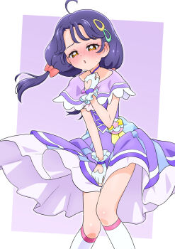 1girl ahoge ascot blush border bow brooch choker clothing_cutout commentary cosplay cure_coral cure_coral_(cosplay) dress embarrassed feet_out_of_frame fingerless_gloves full-face_blush furrowed_brow gloves hair_bow hair_ornament hairclip half-closed_eyes hand_on_own_chest hat heart_cutout highres jewelry knees_together_feet_apart looking_at_viewer magical_girl medium_hair multiple_hair_clips no_headwear orange_eyes outside_border pact_holder parted_lips pink_ascot pink_bow pouch precure purple_background purple_choker purple_dress purple_hair purple_sailor_collar purple_theme sailor_collar self_cosplay shell_brooch short_twintails sleeveless sleeveless_dress socks solo standing suzumura_sango sweatdrop tiler_(tiler00) tropical-rouge!_precure tropical_pact twintails white_border white_gloves white_hat white_socks