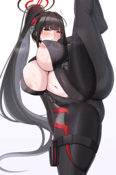 1girl areola_slip black_bodysuit black_hair blue_archive blush bodysuit breasts cleavage commentary english_commentary female_pubic_hair hair_ornament halo high_ponytail highres large_breasts laxiusart long_hair looking_at_viewer ponytail pubic_hair pubic_hair_peek red_eyes rio_(armed)_(blue_archive) rio_(blue_archive) sidelocks solo split spread_legs standing standing_on_one_leg standing_split sweat thigh_strap thighs
