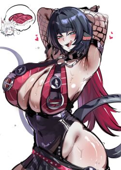 1boy 1girl absurdres alternate_breast_size_(larger) animal_ears armpits arms_up bare_shoulders black_hair black_one-piece_swimsuit blush breasts cleavage commentary covered_navel elbow_gloves english_commentary fishnet_gloves fishnets food gloves grey_eyes highleg highleg_one-piece_swimsuit highres huge_breasts jane_doe_(nocturne_of_light)_(zenless_zone_zero) jane_doe_(zenless_zone_zero) kurenaiz_(kuayrenaiz) licking_lips long_hair looking_at_viewer mouse_ears mouse_girl mouse_tail o-ring official_alternate_costume one-piece_swimsuit open_mouth red_one-piece_swimsuit seth_lowell solo_focus speech_bubble sushi swimsuit tail thighs thought_bubble tongue tongue_out two-tone_one-piece_swimsuit wet zenless_zone_zero