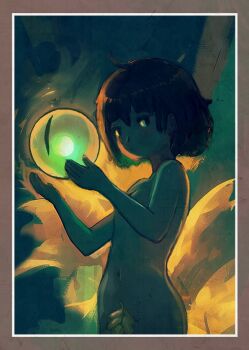 1girl border breasts brown_border closed_mouth commentary completely_nude convenient_arm dark disembodied_eye expressionless from_side holding_eyeball junko_(p.yoshi) leaf leaf_censor light_blush limited_palette looking_at_viewer looking_to_the_side navel nude original p.yoshi petite short_hair slit_pupils small_breasts solo variant_set