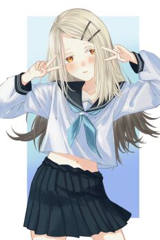 1girl absurdres aqua_neckerchief black_skirt blonde_hair collarbone commentary_request double_v flipped_hair gakuen_idolmaster gradient_hair grey_hair hair_ornament hairclip highres idolmaster long_hair long_sleeves multicolored_hair navel neckerchief parallel_hairclips pleated_skirt saohahu school_uniform serafuku shinosawa_hiro shirt skirt skirt_rolled_up solo stomach v very_long_hair white_shirt