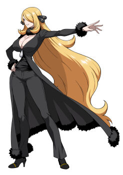 1girl absurdres alternate_breast_size_(larger) black_coat black_pants black_shirt black_shoes blonde_hair breasts cleavage coat cynthia_(pokemon) full_body fur-trimmed_coat fur-trimmed_sleeves fur_collar fur_trim grey_eyes grin hair_ornament hair_over_one_eye hand_on_own_hip high_heels highres huge_breasts long_hair long_sleeves looking_at_viewer nintendo outstretched_arm pants parted_lips pokemon pokemon_dppt shirt shoes simple_background smile solo standing very_long_hair white_background yxyyxy