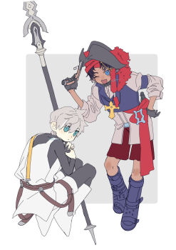 2boys a_nzi_end absurdres bartholomew_roberts_(fate) black_gloves boots commentary_request cross cross_necklace fate/grand_order fate_(series) gloves grey_hair gun highres holding holding_gun holding_weapon jewelry long_sleeves looking_at_viewer male_focus multiple_boys necklace percival_(fate) short_hair squatting tunic weapon white_tunic