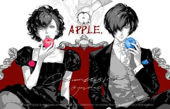1boy 1girl apple artist_name commission couch dress food formal_clothes fruit highres jacket jing_zhi_kaoxiang_yu_re_zhong monochrome on_couch persona persona_3 persona_3_portable persona_3_reload shiomi_kotone signature suit suit_jacket twitter_username vest watermark yuuki_makoto_(persona_3)