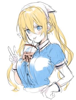 1girl blend_s blue_eyes blue_shirt blush breasts bubble_tea bubble_tea_challenge clenched_hand cropped_torso cup drinking_straw gloves hand_on_own_hip headscarf hinata_kaho long_hair looking_at_viewer nakayama_miyuki shirt short_sleeves simple_background sketch smug solo stile_uniform twintails upper_body v waitress white_background white_gloves white_headscarf