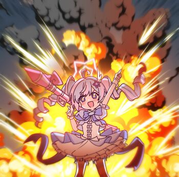 1girl :d ahoge arm_up backlighting bloomers blue_archive blush bow chinese_commentary commentary_request dress dress_bow drill_hair explosion explosion_background feet_out_of_frame frilled_dress frills gun hair_ornament halo highres holding holding_gun holding_weapon long_hair looking_at_viewer magical_girl miomio1568315 multicolored_hair multicolored_pantyhose official_alternate_costume official_alternate_hairstyle open_mouth pantyhose pink_bow pink_hair pointing pointing_up puffy_short_sleeves puffy_sleeves purple_bow purple_eyes purple_hair purple_pantyhose reisa_(blue_archive) reisa_(magical)_(blue_archive) rocket_launcher rpg rpg-7 rpg_(weapon) short_sleeves smile solo standing star-shaped_pupils star_(symbol) star_hair_ornament star_halo striped_clothes striped_pantyhose symbol-shaped_pupils twin_drills twintails two-tone_hair two-tone_pantyhose underwear v-shaped_eyebrows weapon white_bloomers white_dress white_pantyhose white_wrist_cuffs wing_hair_ornament wrist_cuffs