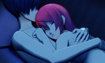 1boy 1girl 3d absurdres affectionate blue_hair commentary completely_nude couple crying crying_with_eyes_open cuddling english_commentary head_on_chest highres hug kirijou_mitsuru long_hair lying_on_person night nude persona persona_3 persona_3_reload red_hair safework_render shared_bed sleeping tears yuuki_makoto_(persona_3)