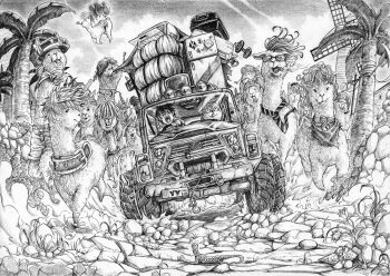 Rule 34 | 1boy, absurdres, alpaca, animal, balloon, car, chinese commentary, commentary request, dog, driving, flying animal, graphite (medium), greyscale, highres, lizard, monochrome, motor vehicle, open mouth, original, outdoors, party horn, refrigerator, rock, shouting, stampede, suitcase, traditional media, tree, tyyevil