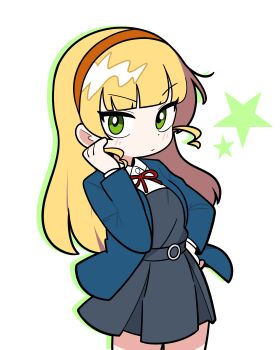 1girl absurdres blonde_hair blunt_bangs blush chibi chibi_only closed_mouth green_eyes hairband hand_on_own_hip heanna_sumire highres jorang_(jorang08) long_hair long_sleeves looking_at_viewer love_live! love_live!_superstar!! orange_hairband school_uniform simple_background solo star_(symbol) white_background yuigaoka_school_uniform