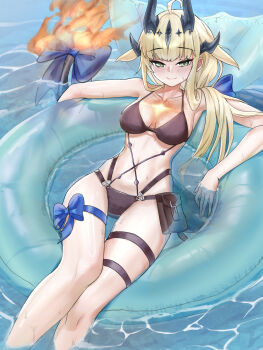 Rule 34 | 1girl, absurdres, ahoge, arknights, bikini, black bikini, black horns, blonde hair, blue bow, blush, bow, closed mouth, dragon horns, dragon tail, feet out of frame, fire, flame-tipped tail, green eyes, highres, horns, inflatable toy, light in heart, long hair, looking at viewer, multiple horns, navel, official alternate costume, reed (arknights), reed the flame shadow (arknights), reed the flame shadow (summer flower) (arknights), smile, solo, swimsuit, tail, thigh strap, vanmirror, water